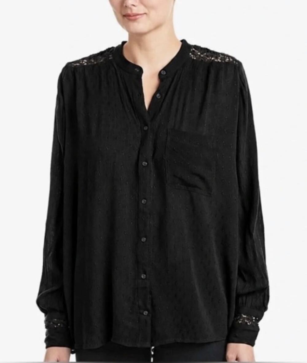 Free People The Best Button Front Blouse M Black Crochet Back Long Sleeve Witchy